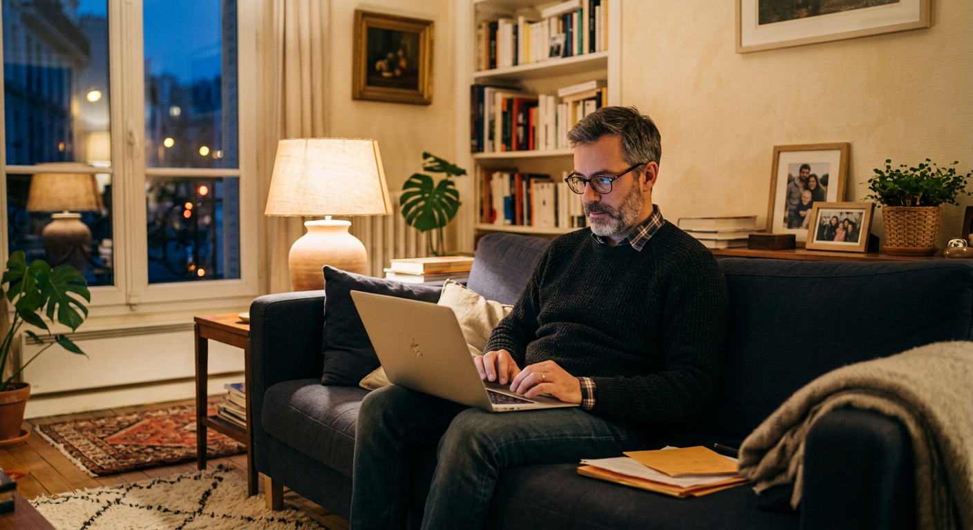 Un homme remplit le questionnaire sur un ordinateur portable, installé dans son canapé